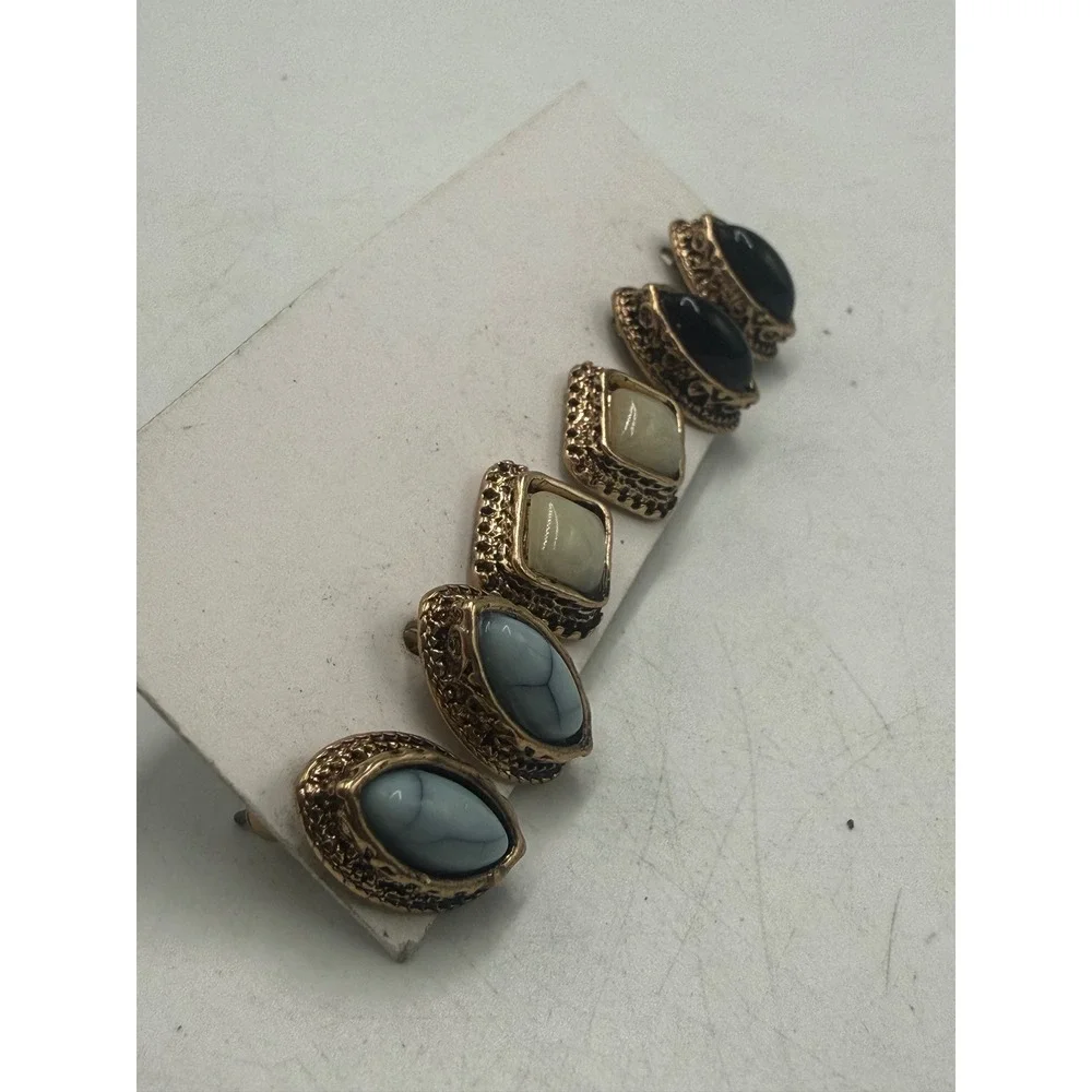 Vintage Style Gold Tone Faux Stone Stud Earrings Set 3 Pairs Blue Cream Black